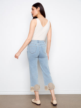 Stretch Denim Pants With Hem Lace