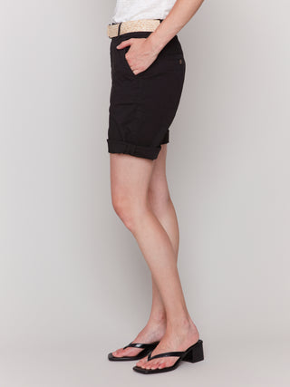 Stretch Cotton Cuffed Shorts with Belt