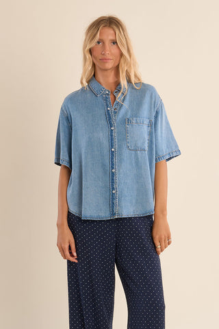 Cali Short Sleeve Denim Snap Button Shirt