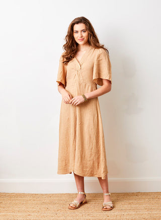 Liora Linen V-Neck Wide Sleeve Dress