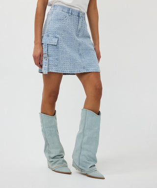 Adelina Textured Denim Cargo Bling Button Skirt