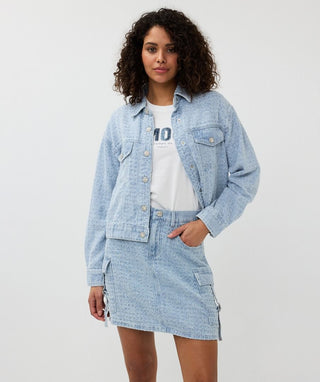 Adelina Textured Denim Cargo Bling Button Skirt