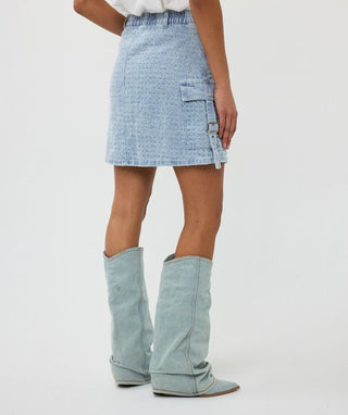 Adelina Textured Denim Cargo Bling Button Skirt