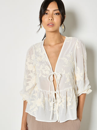 Embroidered Chiffon Tie Front Blouse
