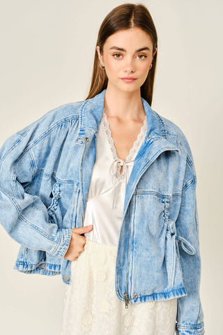 Pocket Ties Zip Front Denim Jacket
