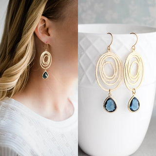 Modern Oval Swirl Earrings - Navy Blue Glass Jewel
