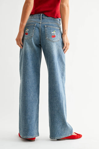 Wide Leg Denim W/ Cherry Embroidery