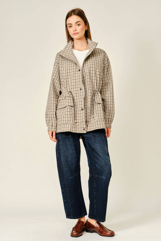 Classic Plaid Faux Leather Funnel Neck Jacket