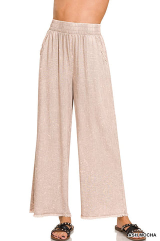 Washed Linen Frayed Hem Elastic Band Waist Pants