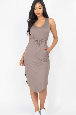 Drawstring Sleeveless Midi Dress