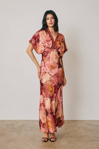 Floral Lace Trim Blouson Maxi Dress