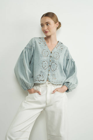 Josie Light Denim Embroidery Cutouts Jacket/Top