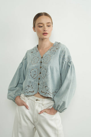 Josie Light Denim Embroidery Cutouts Jacket/Top