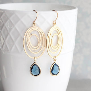 Modern Oval Swirl Earrings - Navy Blue Glass Jewel