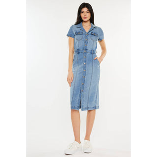 Short Sleeve Midi Length Denim Dress