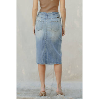 High Rise Denim Midi Skirt