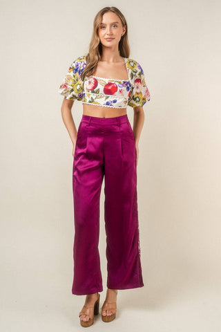 Satin Pleated Lace Contrast Trousers