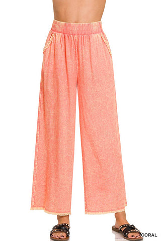 Washed Linen Frayed Hem Elastic Band Waist Pants