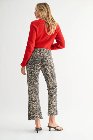 High Rise Crop Flare w/ Distressed Hem Leopard Print