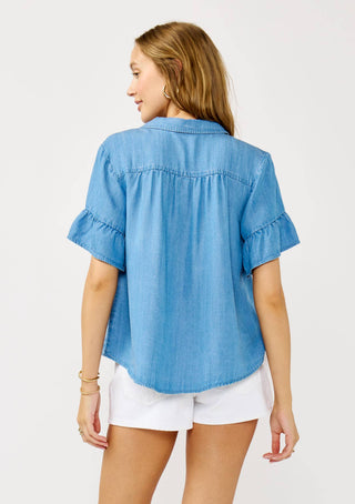 Tencel Ruffle Sleeve Button-Down Top