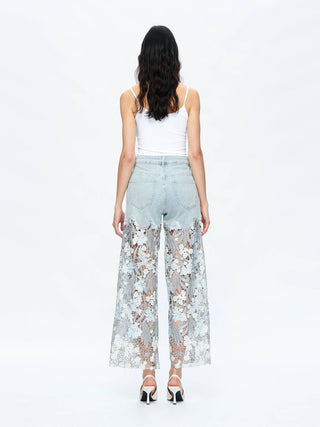 High Rise Wide Leg Jeans With Lace Spliced