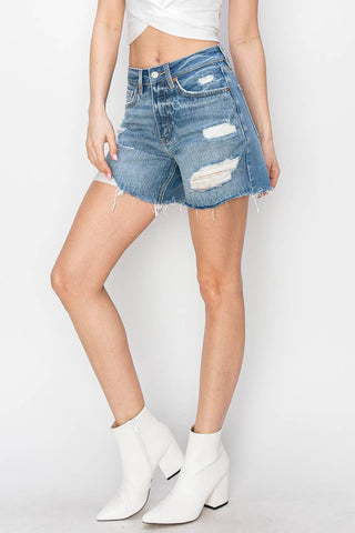 Distressed High Rise Midi Shorts