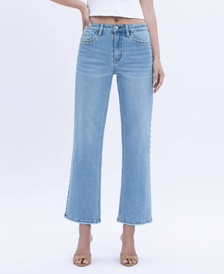 High Rise Cropped Studded Slim Wide Jeans
