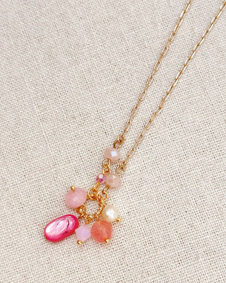 Pink Mixed Stone Cluster Necklace with Gold Chain