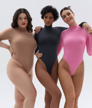 SHAPERX Mock Neck Bodysuit for Women Long Sleeve Thong
