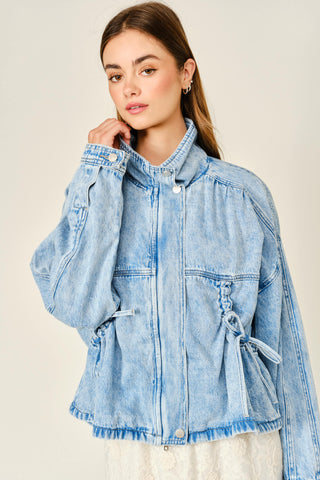Pocket Ties Zip Front Denim Jacket