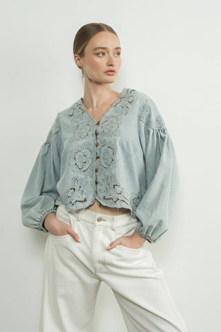 Josie Light Denim Embroidery Cutouts Jacket/Top