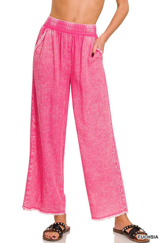 Washed Linen Frayed Hem Elastic Band Waist Pants