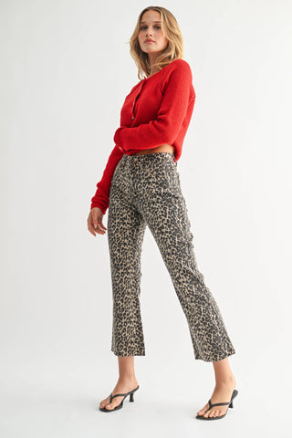 High Rise Crop Flare w/ Distressed Hem Leopard Print