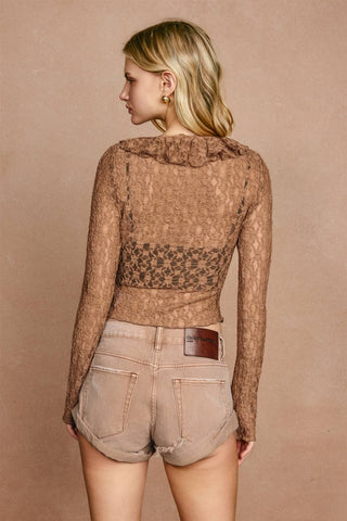 Lace Frill Tie Front Long Sleeve Top