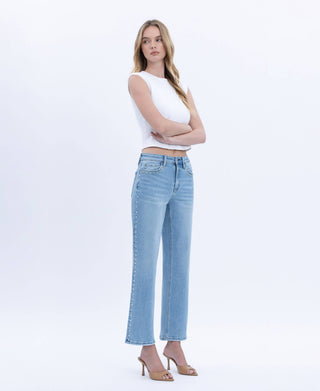 High Rise Cropped Studded Slim Wide Jeans