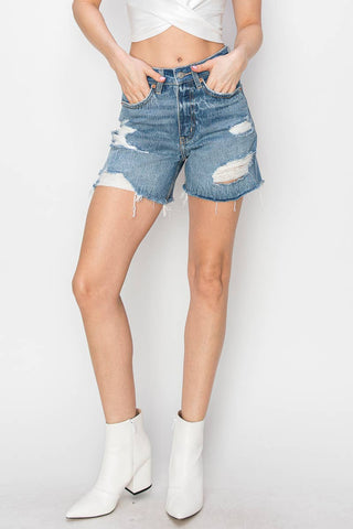 Distressed High Rise Midi Shorts