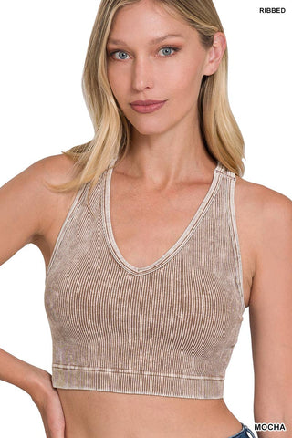 Washed Ribbed Cropped Racerback Tank Top W Bra Pads