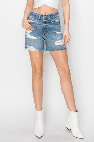 Distressed High Rise Midi Shorts