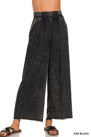 Washed Linen Frayed Hem Elastic Band Waist Pants