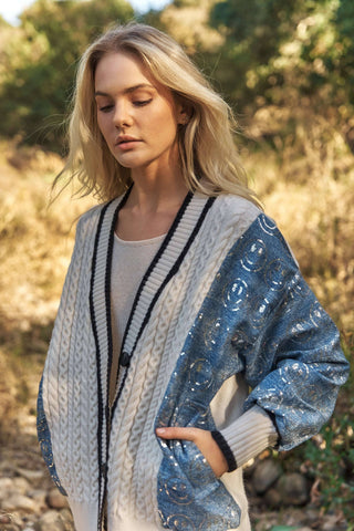 Cardigan with Sequins Happy Face Denim Sleeve