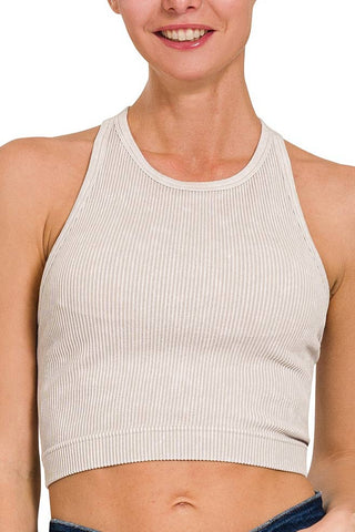 Stone Washed Ribbed Cropped Bra Padded Top